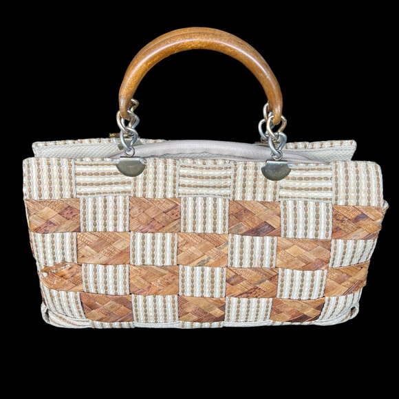 Vintage bag woven natural fiber top wooden handle with crossbody strap - Picture 3 of 9